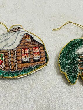 Vintage Eaton 1994 Embroidered Christmas Ornament - Pine Cone & Log Cabin
